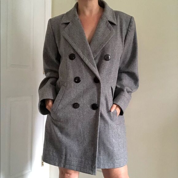 Yves Saint Laurent VINTAGE 90s Grey Double Breasted Wool Pea Coat Sz 40 YSL - Picture 1 of 15